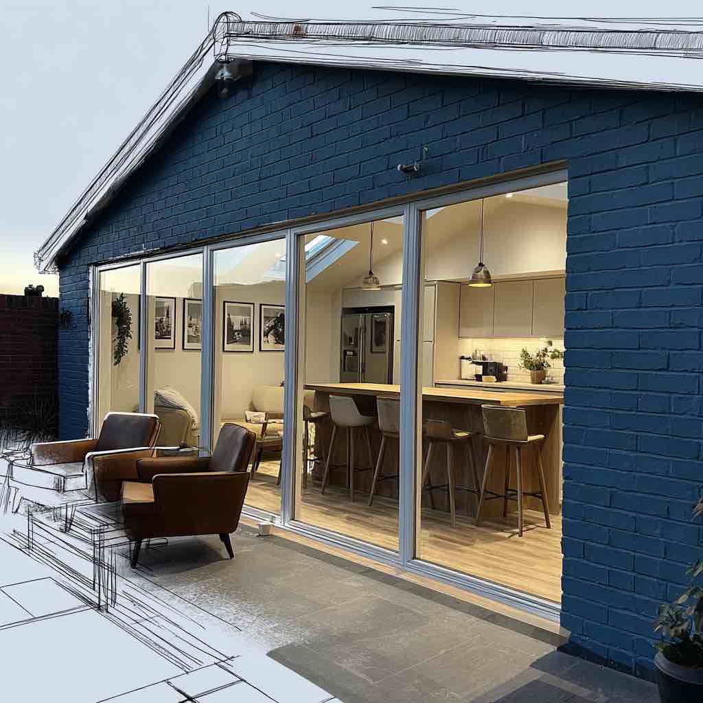 Modern garage conversion in Manchester with blue brick exterior and glass sliding doors